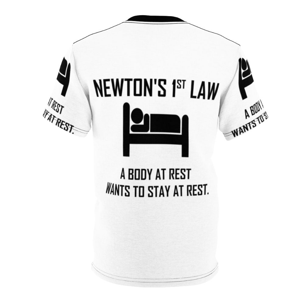 Funny physics t-shirt design featuring a humorous take on Newton's first law of motion - Back