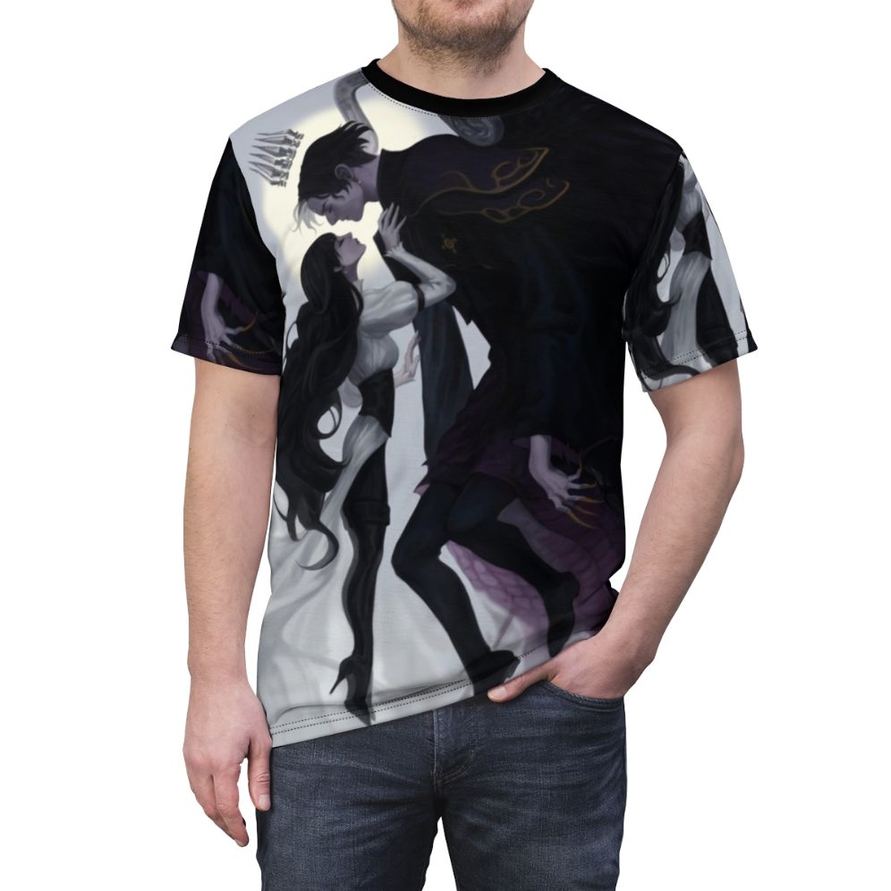 Intriguing Death and the Maiden inspired print on a high-quality t-shirt, perfect for Final Fantasy XIV fans. - men front