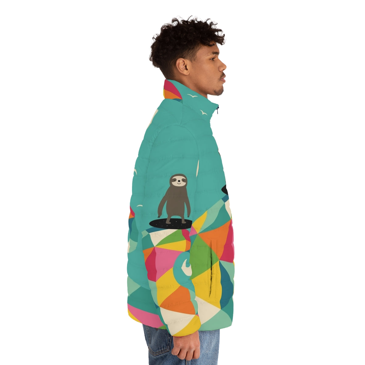 Puffer jacket with a vibrant geometric sloth print, perfect for summer surfing adventures - men side right