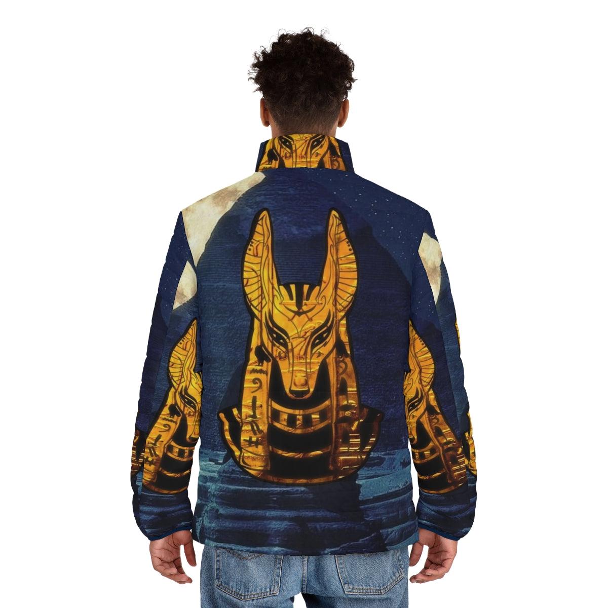 Anubis Egyptian God Puffer Jacket with Gold Accents - men back