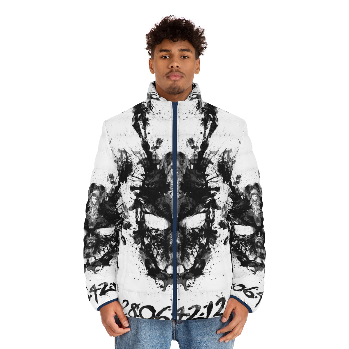 Donnie Darko inspired inkblot puffer jacket with a vintage, retro graphic design - men front