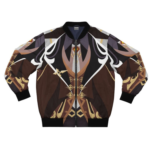 A brown and gold bomber jacket featuring the character Zhongli from the video game Genshin Impact.