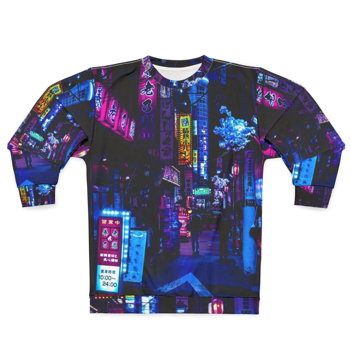 "Blue Tokyo Alley Sweatshirt with Cyberpunk Neon Streetwear Design"