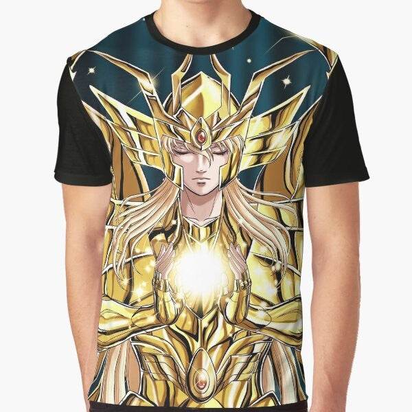 Virgo Shaka from the anime Saint Seiya wearing a distinctive graphic design t-shirt