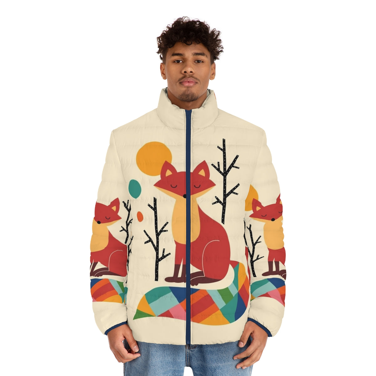 Colorful puffer jacket featuring a whimsical rainbow fox design - men front