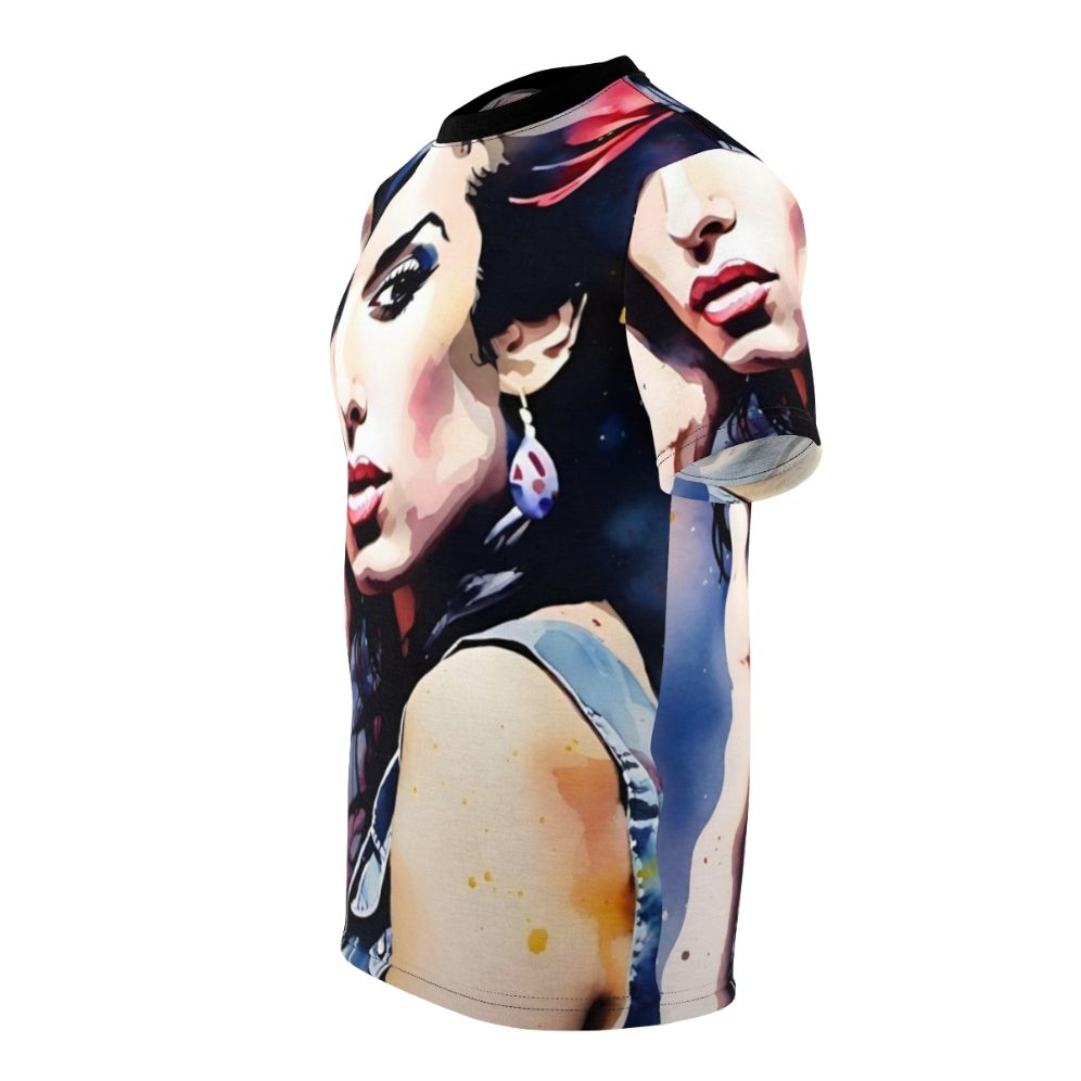 Watercolor art t-shirt featuring a portrait of singer-songwriter Amy Winehouse - men left