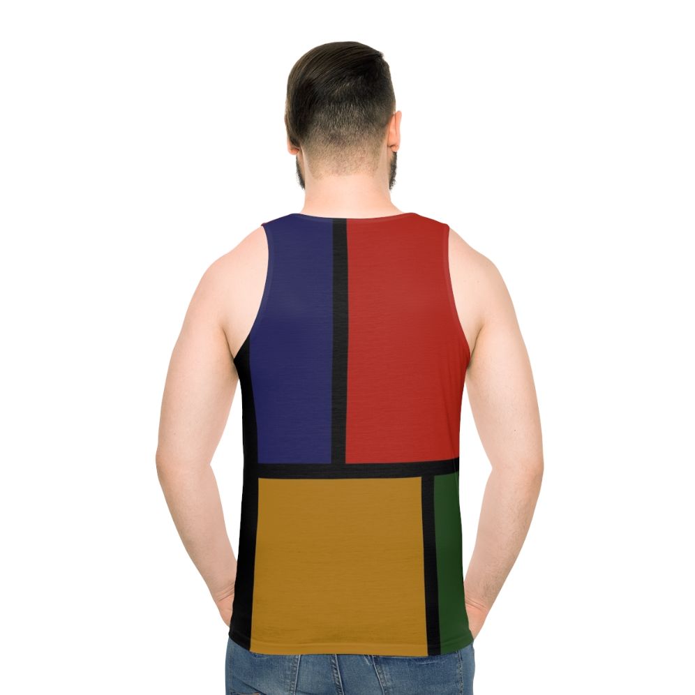 Colorful, geometric Mondrian-inspired unisex tank top - men back