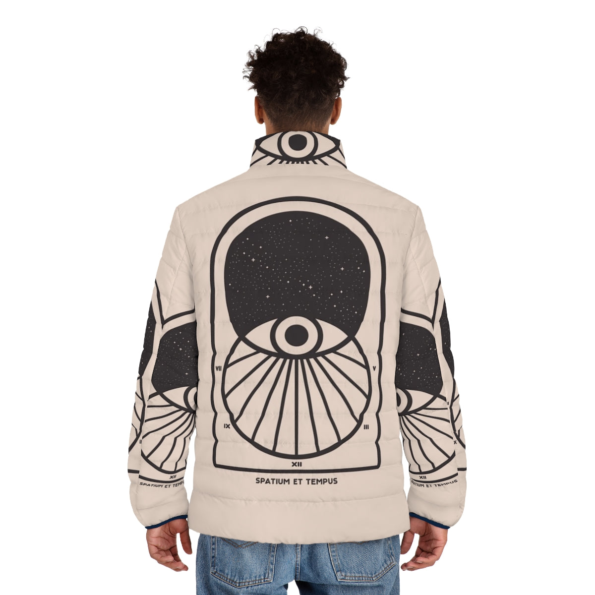 Futuristic space and time puffer jacket with minimalist art design - men back