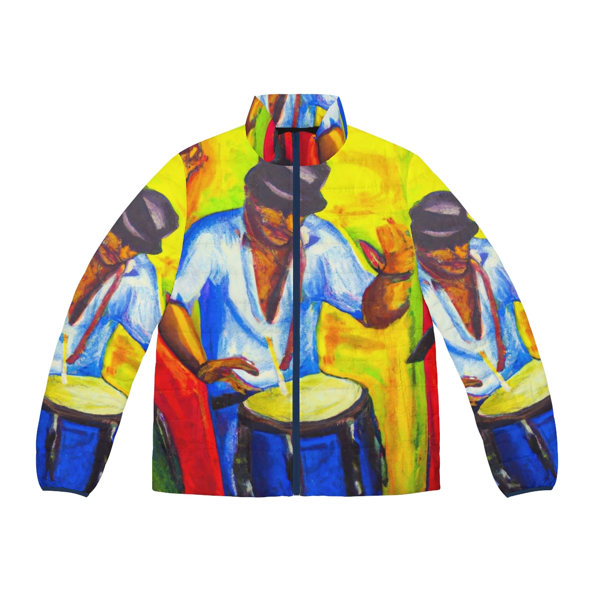 Colorful puffer jacket with oil painting design featuring rumba and latin music elements