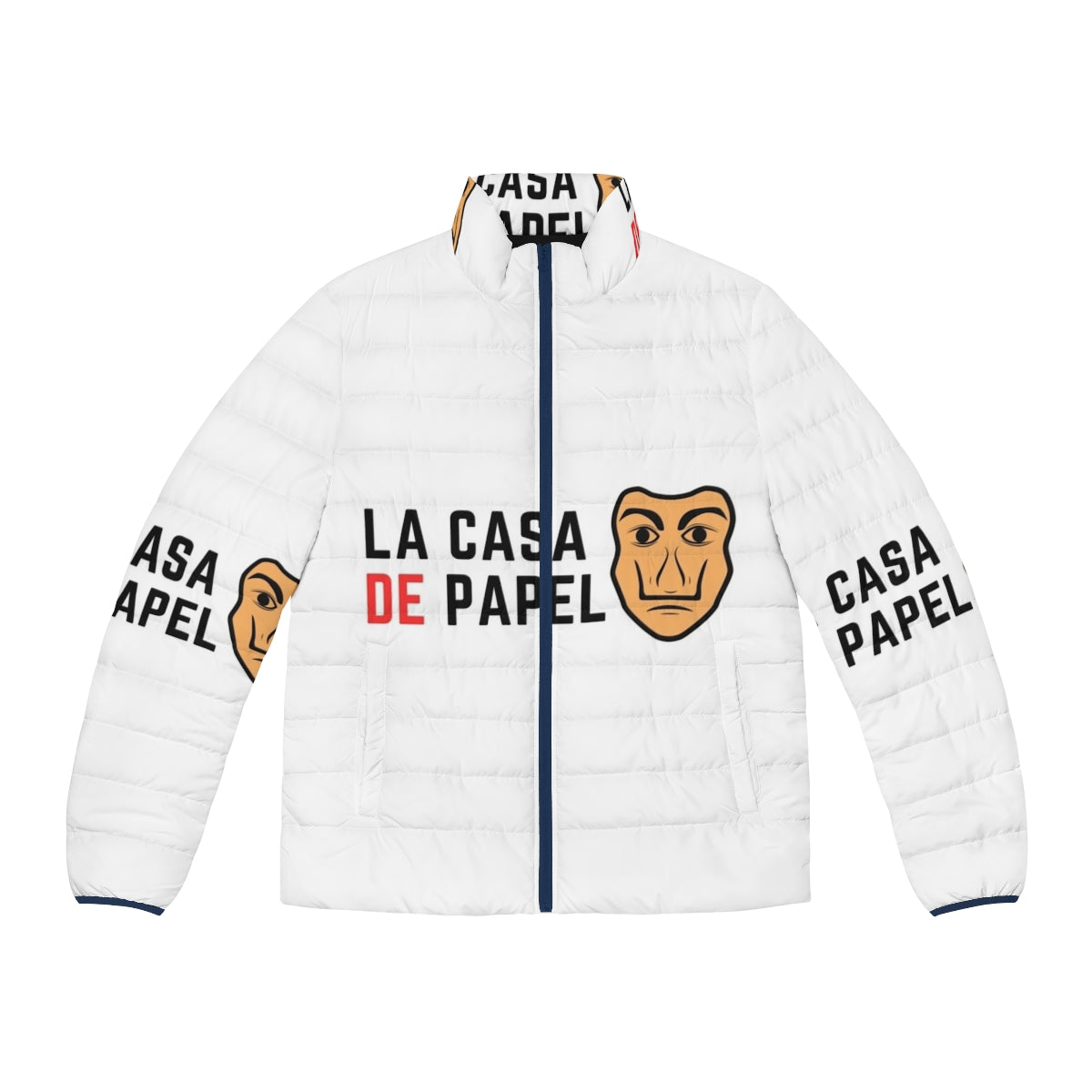 Money Heist Puffer Jacket featuring iconic characters from the Netflix series