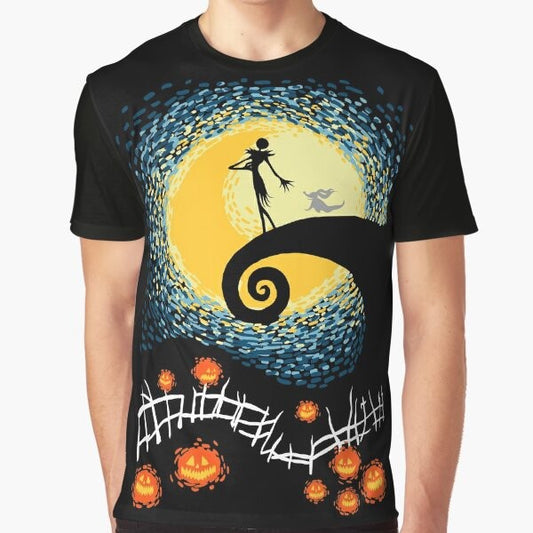 A graphic t-shirt featuring a starry night design with Jack Skellington from The Nightmare Before Christmas.