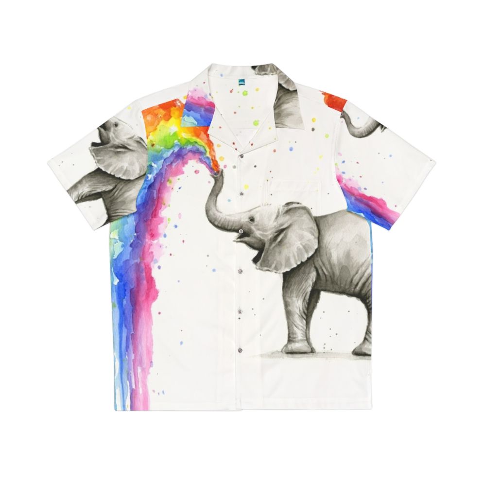 Baby elephant spraying rainbow watercolor on Hawaiian shirt