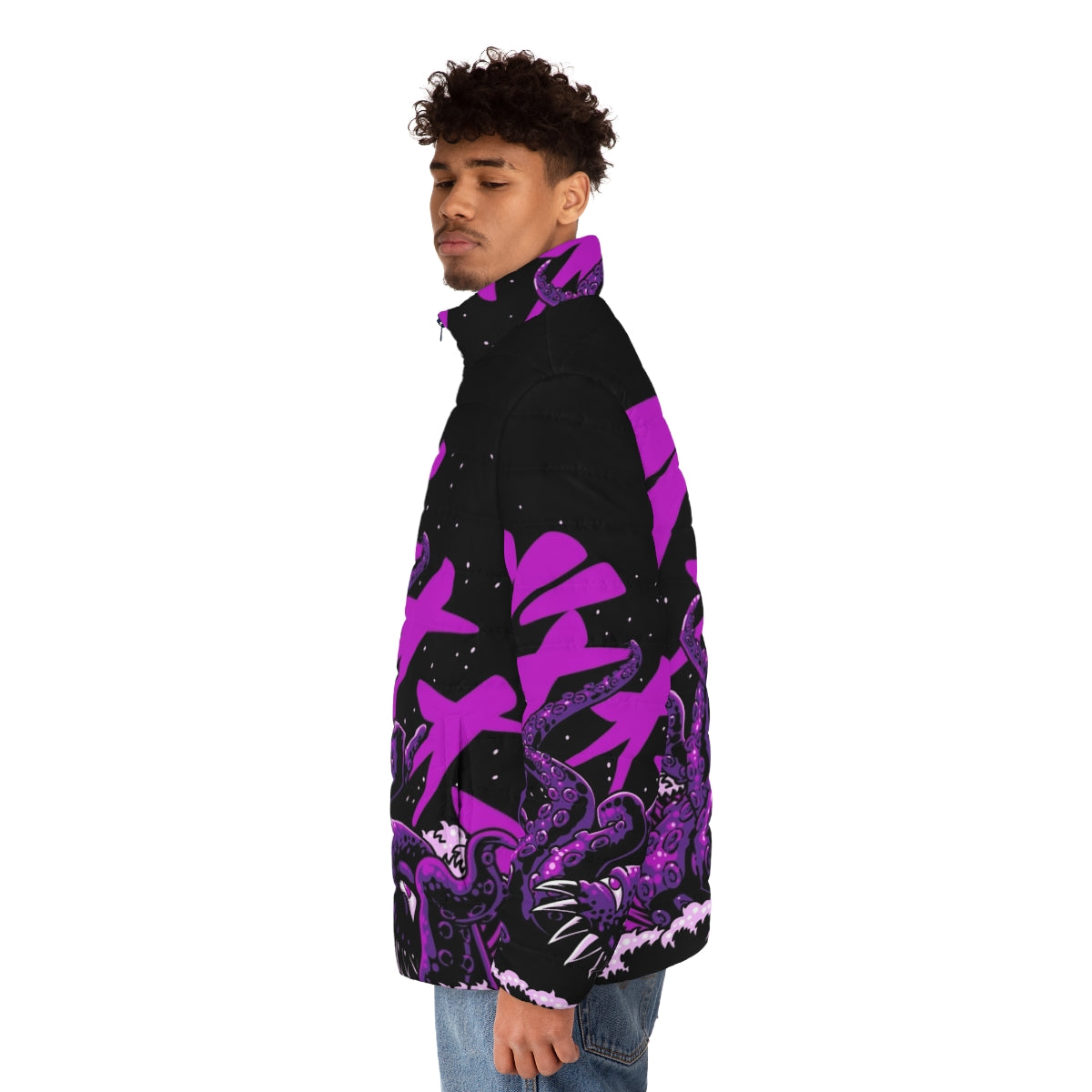 A vibrant puffer jacket featuring a giant octopus or sea monster design, perfect for retro gaming and anime fans. - men side left