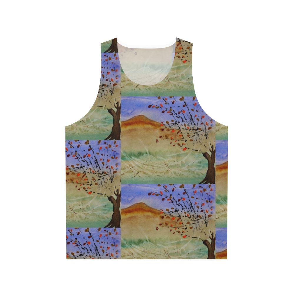 Windswept unisex tank top featuring a scenic landscape