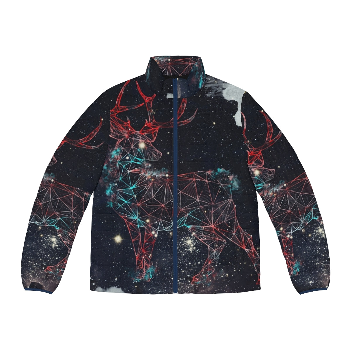 Celestial deer puffer jacket with graphic galaxy and star design