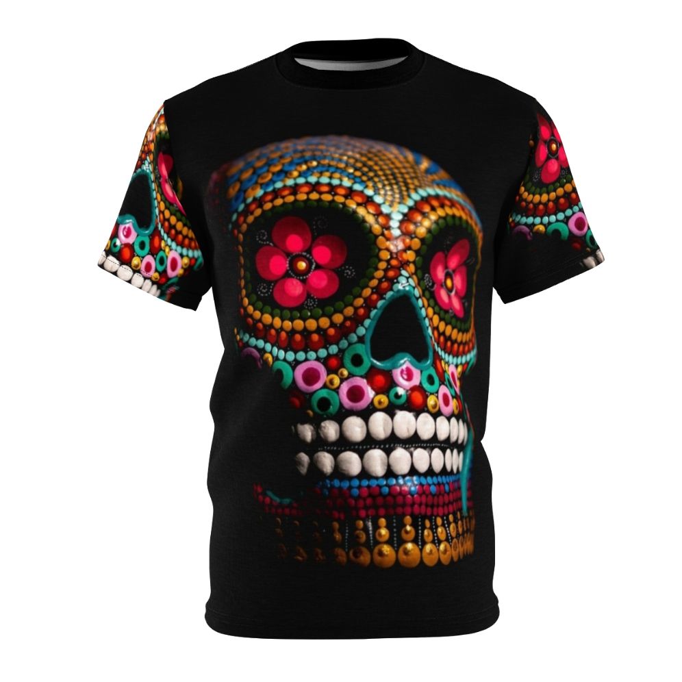 Vibrant, electric-colored sugar skull design on a t-shirt for Day of the Dead celebrations