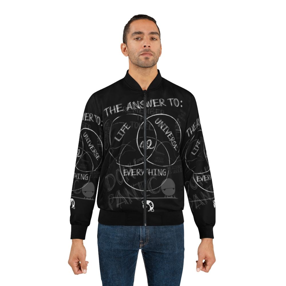 Hitchhiker's Guide to the Galaxy inspired bomber jacket featuring the number 42 and "Don't Panic" design - Lifestyle