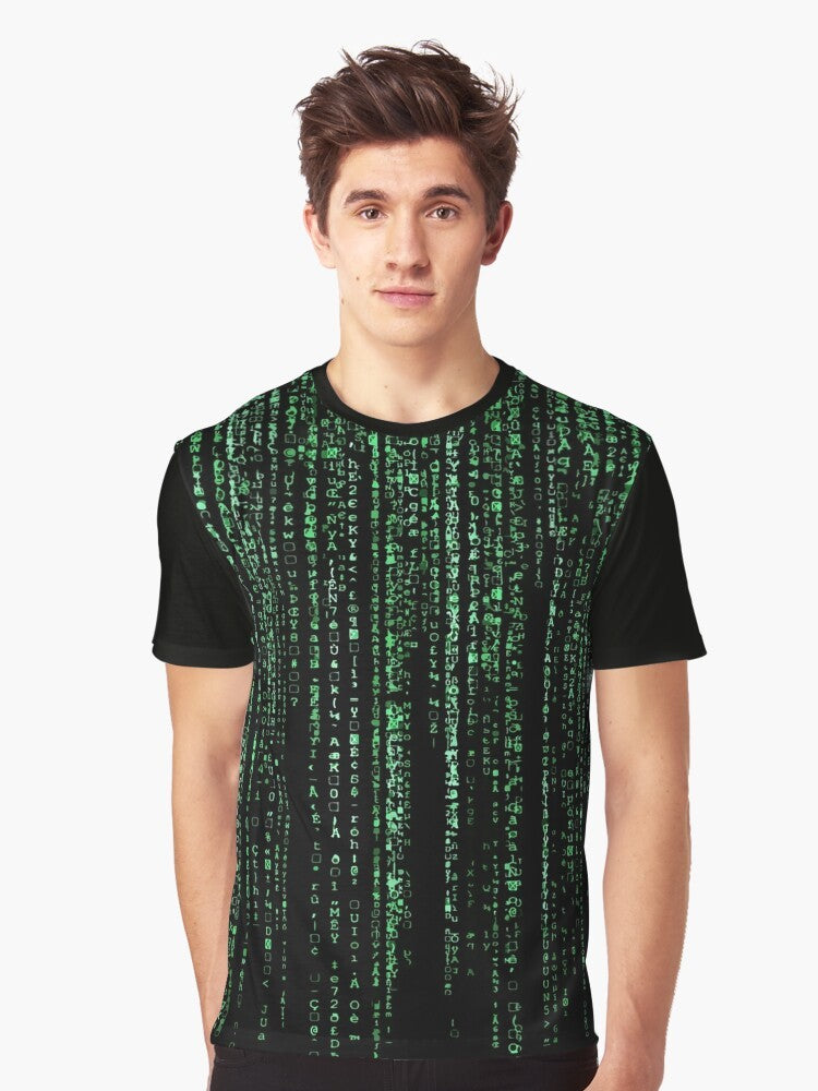 The Matrix Code Background Pattern Graphic T-Shirt featuring the iconic green code from the Matrix movies - Men