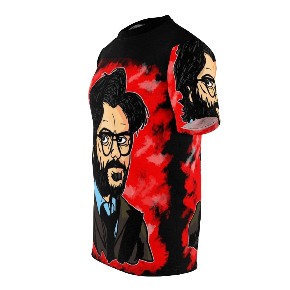 Custom AOP t-shirt featuring the Professor from the Netflix series Money Heist - men left