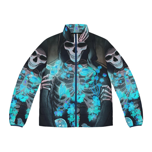 A dark puffer jacket with a supernatural, grim design featuring a reaper, skeleton, and mystical elements.