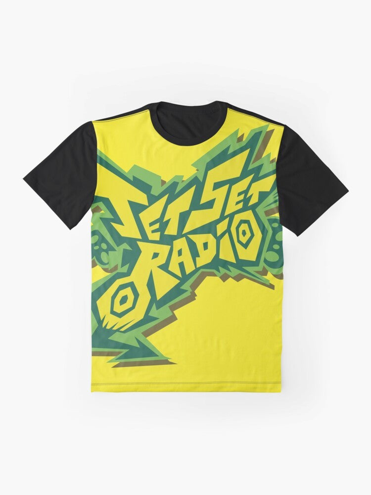 Retro Jet Set Radio logo graphic t-shirt design featuring graffiti-style artwork and vibrant colors - Flat lay