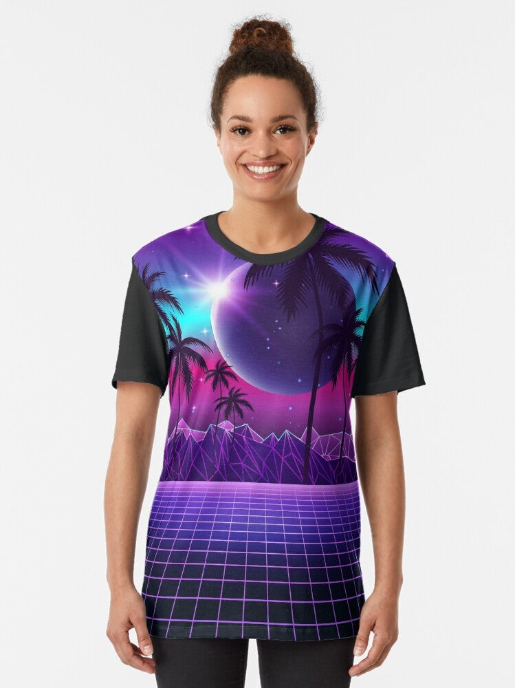 Retro futuristic Twilight Synthwave graphic t-shirt with neon colors and a dreamy, aesthetic design. - Women