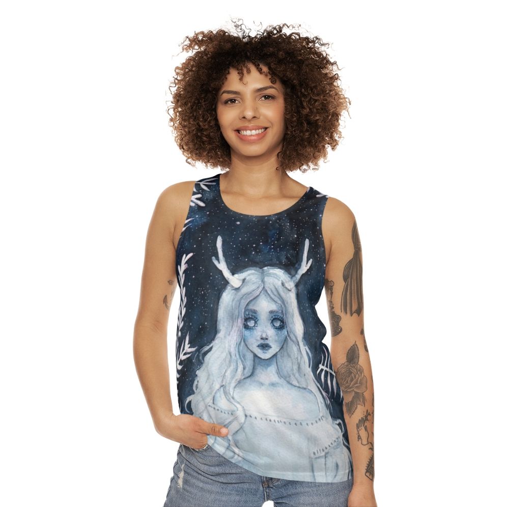 Unisex watercolor fantasy tank top with deer and starry night design - women