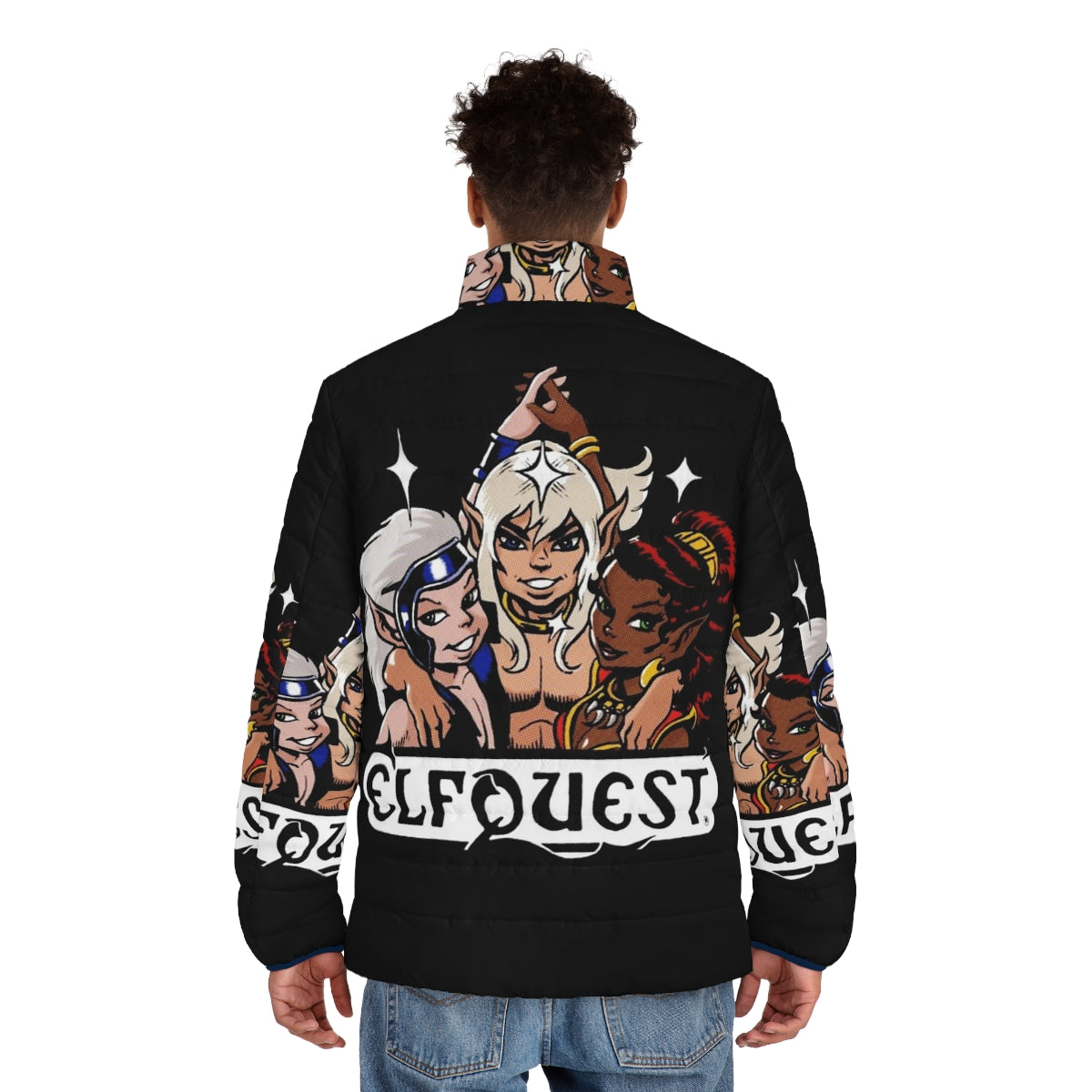 Elfquest Retro Puffer Jacket featuring fantasy characters and vintage comic art - men back