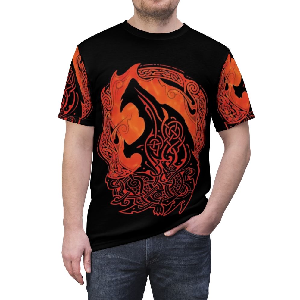 Fenrir, the mighty mythical wolf from Norse mythology, featured on an all-over print t-shirt design. - men front