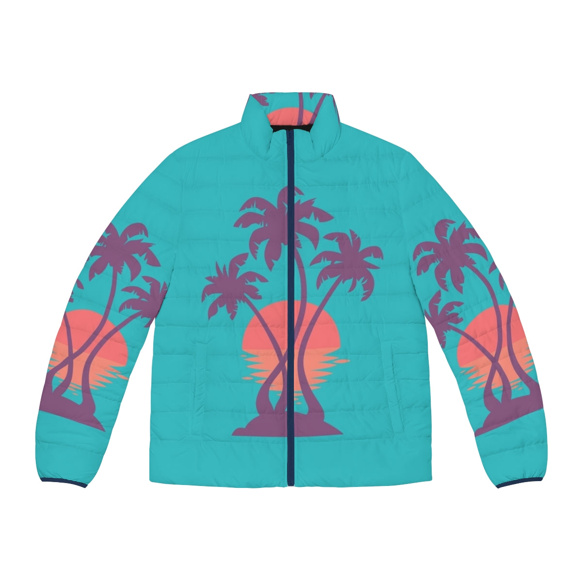 Puffer jacket with palm tree and tropical sunset design