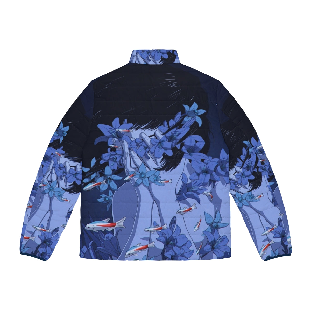 Blue puffer jacket with anime-inspired design - Back