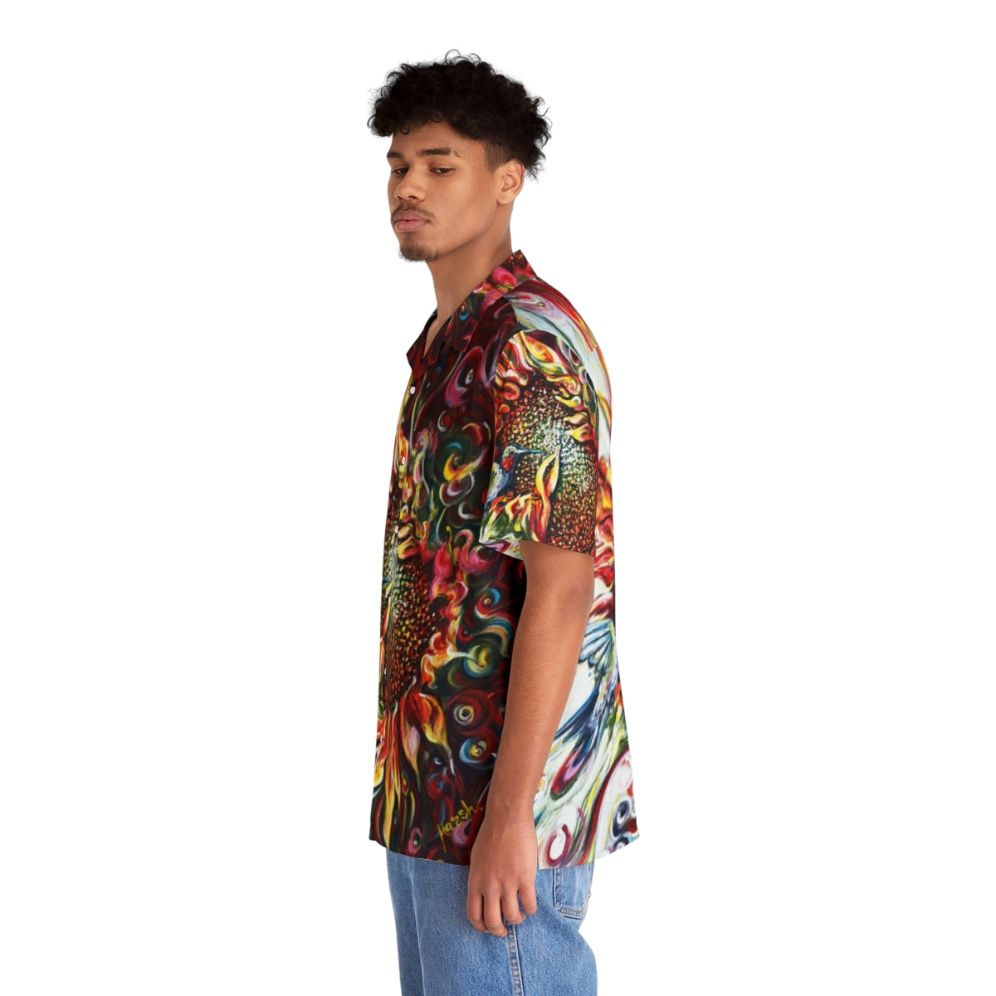 Sunflowers and hummingbird design on a colorful Hawaiian shirt - People Left