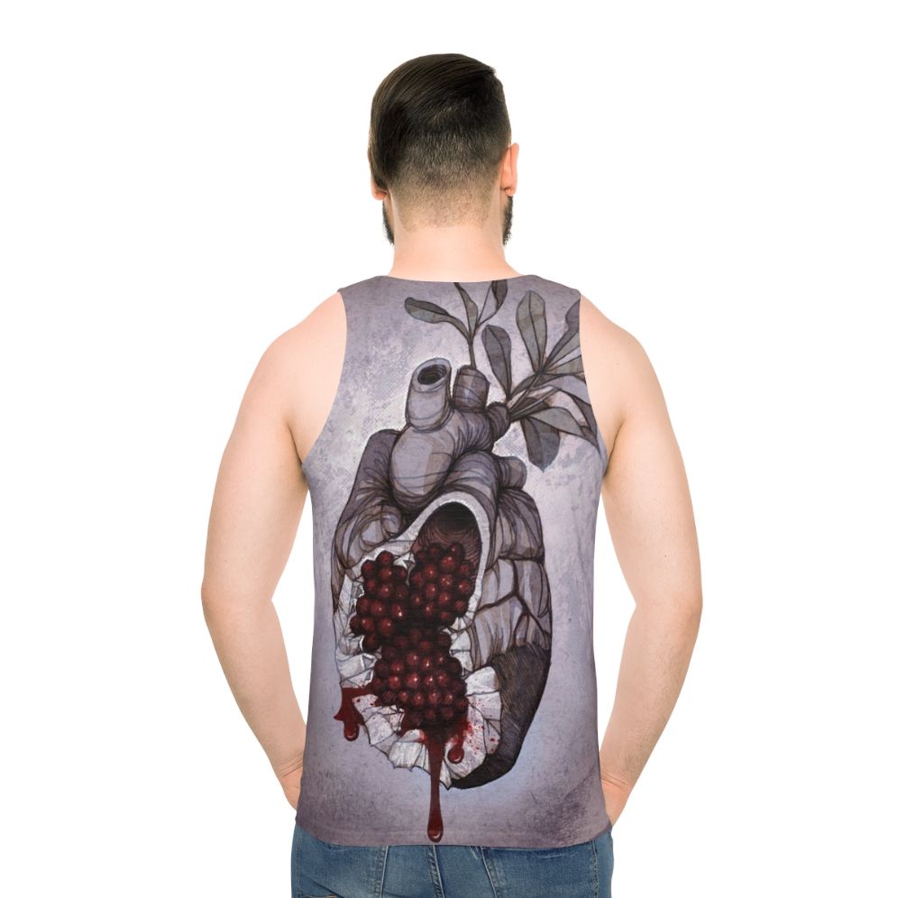 Unisex tank top featuring an anatomical heart design with pomegranate elements based on the Greek mythology of Hades and Persephone - men back