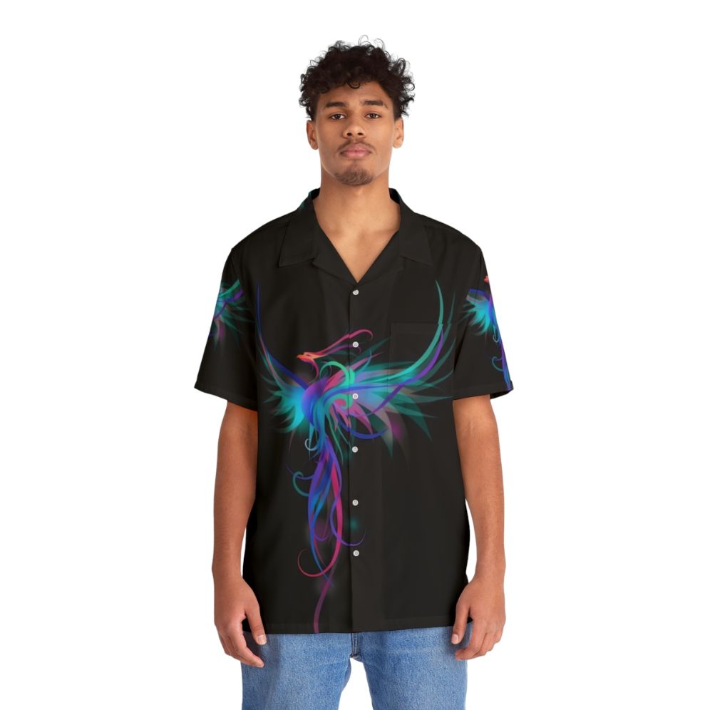 Colorful blue and pink phoenix design on a Hawaiian shirt - People Front