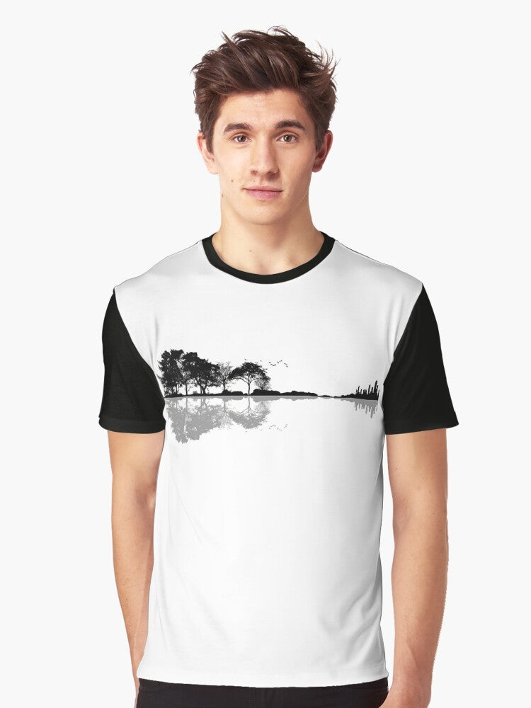 Minimalist nature guitar t-shirt design with silhouette trees, mountains, and birds in black and white - Men