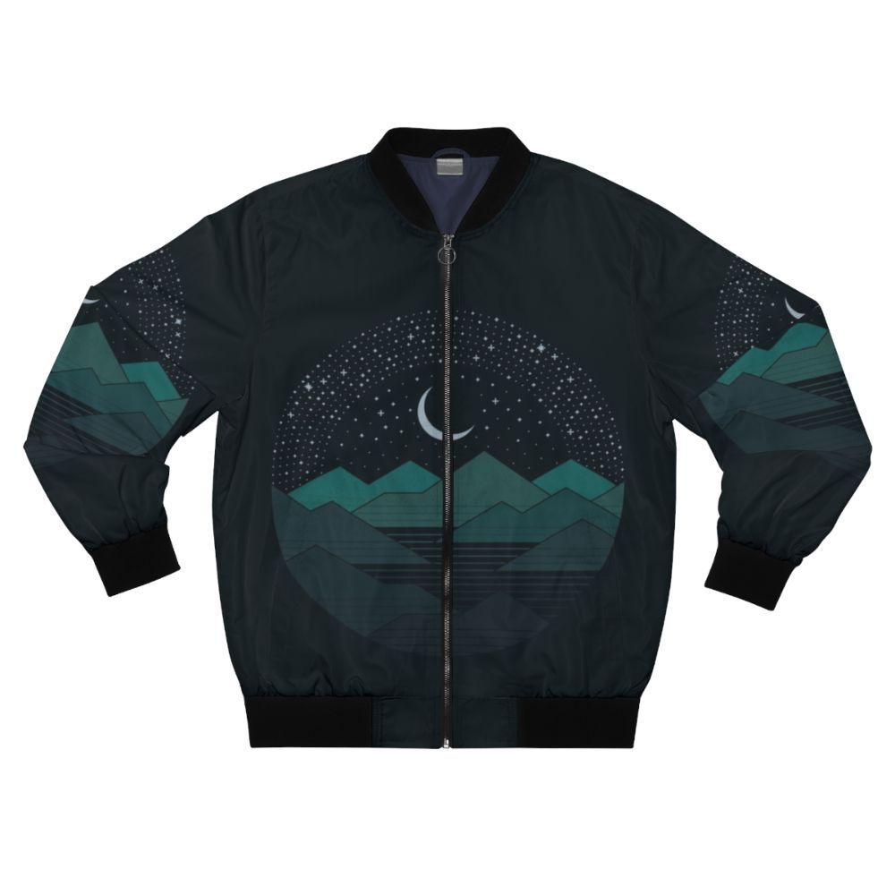 Minimalist bomber jacket with night sky, mountains, and stars graphic design