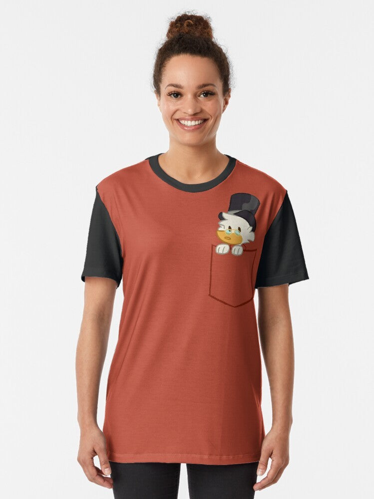 Scrooge McDuck from the Ducktales 2017 reboot, sitting in a pocket on a graphic t-shirt. - Women