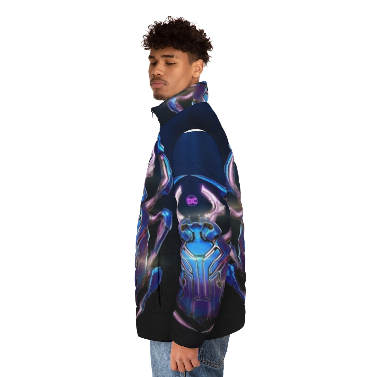 Blue and green puffer jacket featuring the Blue Beetle superhero design - men side left