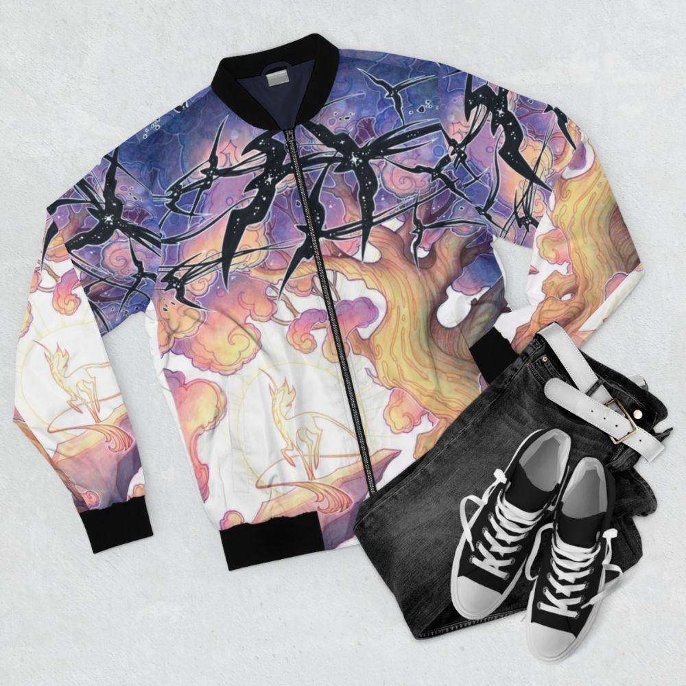 Nightsky fantasy bomber jacket with stars, birds, and other fantasy elements - Flat lay