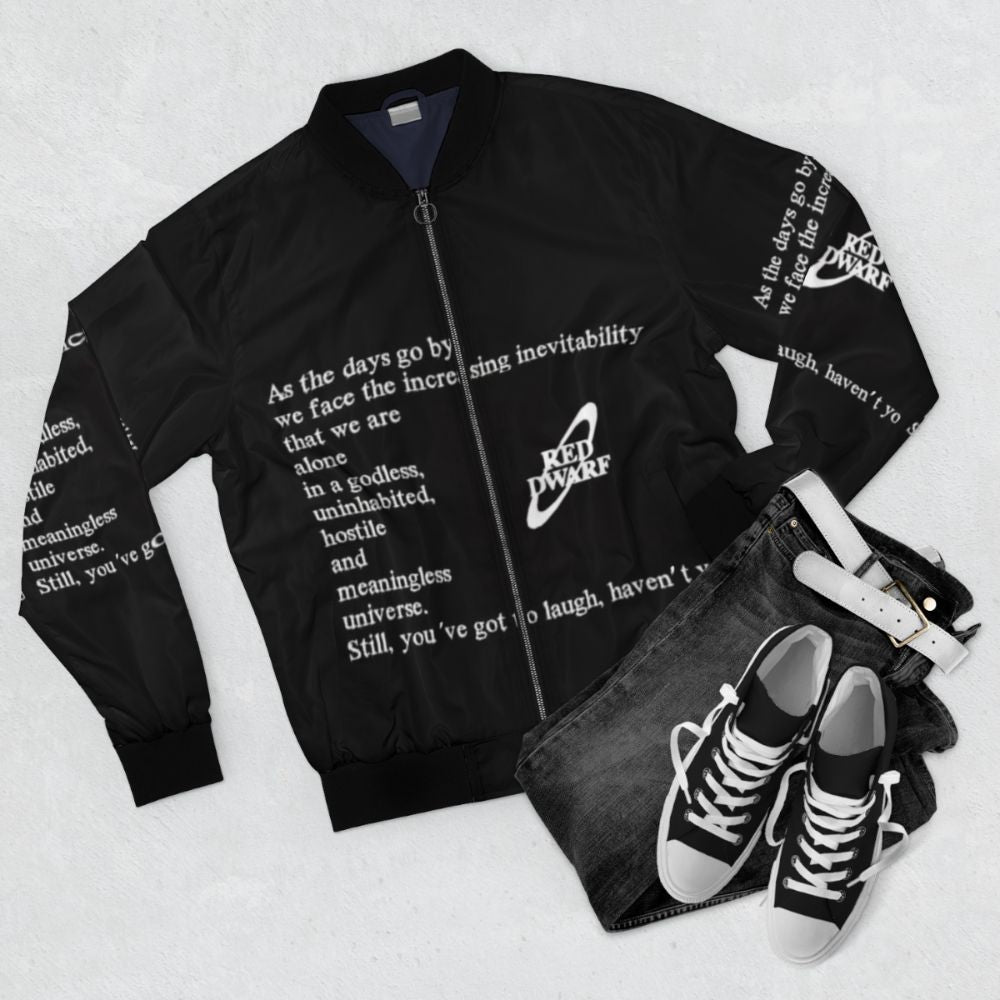 Retro sci-fi bomber jacket with "Red Dwarf" inspired design - Flat lay