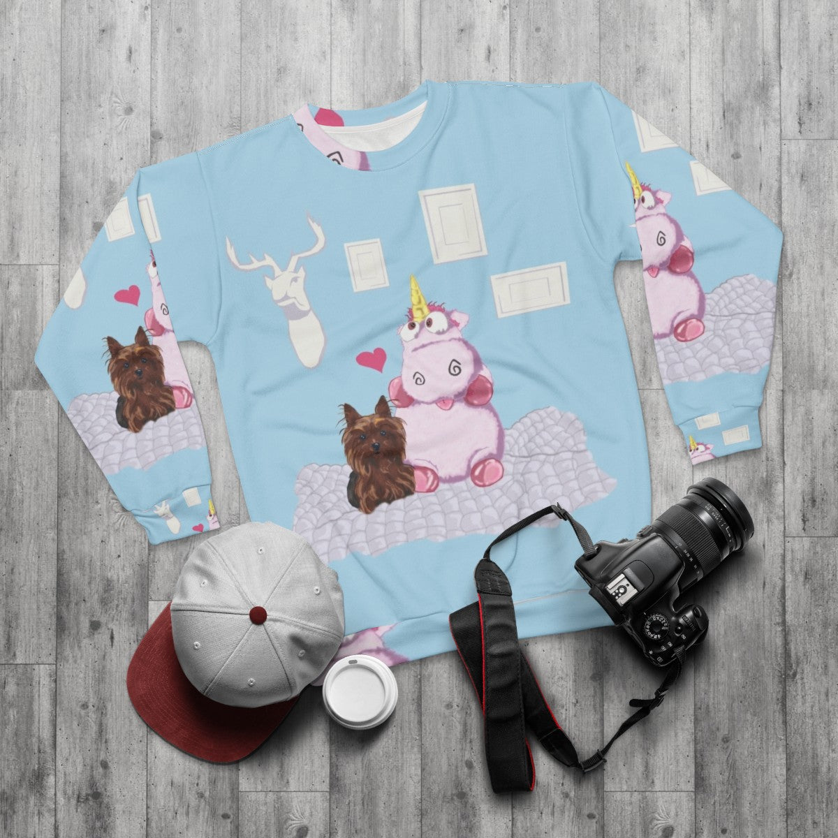 Cute family portrait sweatshirt featuring a legendary unicorn and yorkie dog - flat lay