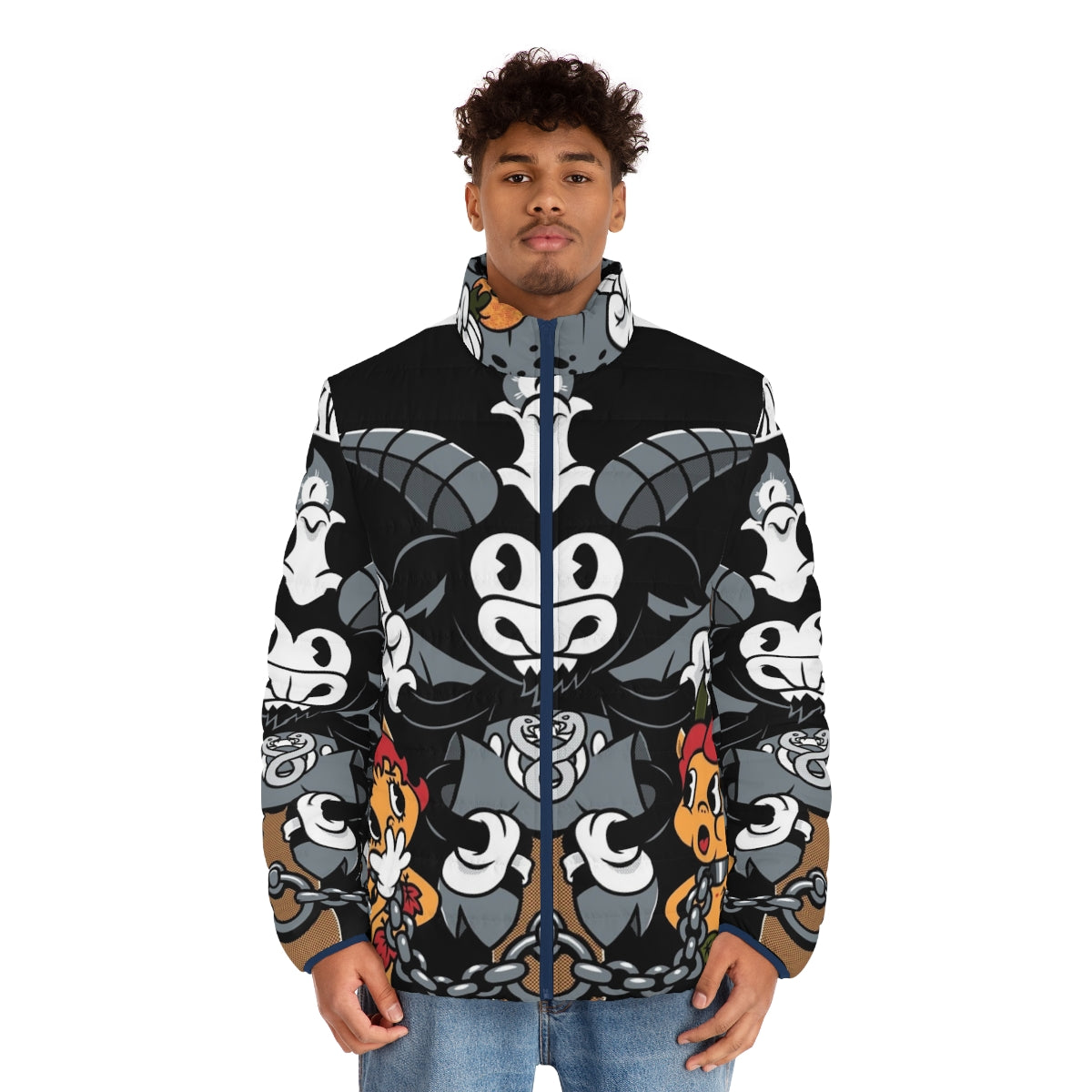 Baphomet tarot card puffer jacket featuring a vintage, retro-style design - men front