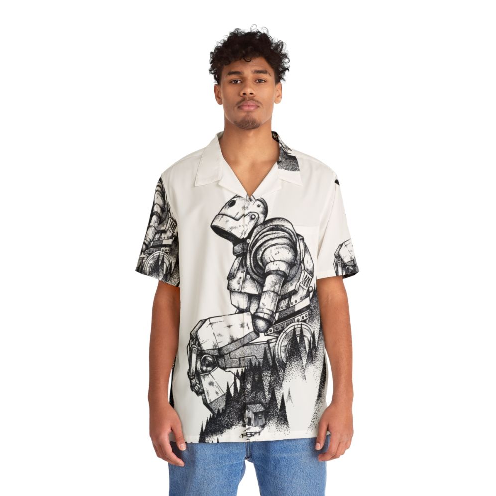 Iron Giant Hawaiian Shirt with Pointillism Design and Nature Imagery - People Front