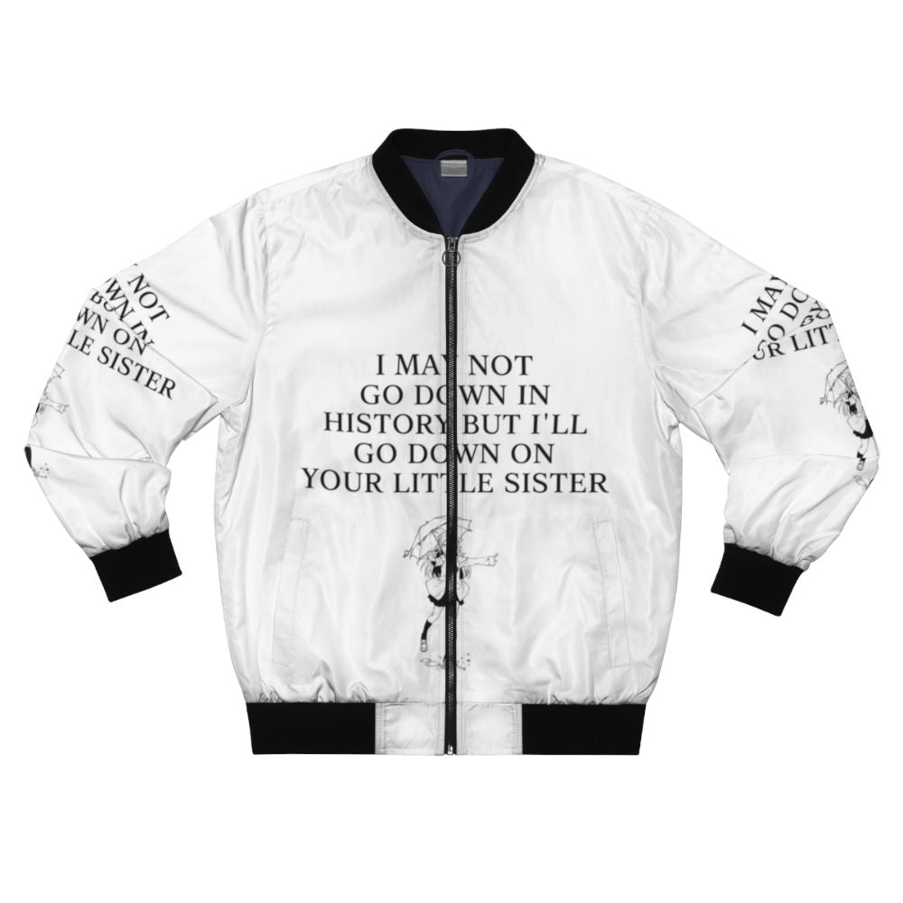 Anime-style bomber jacket with text "I may not go down in history"