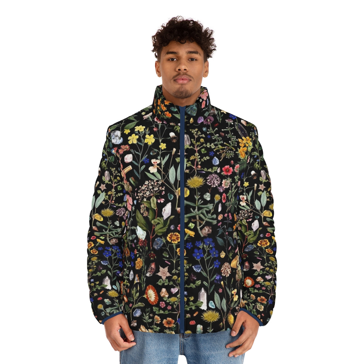 Healing floral puffer jacket with digital plant, flower, and botanical pattern design - men front