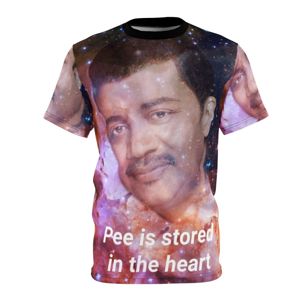 Funny t-shirt featuring the absurdist slogan "Pee Is Stored In The Heart"