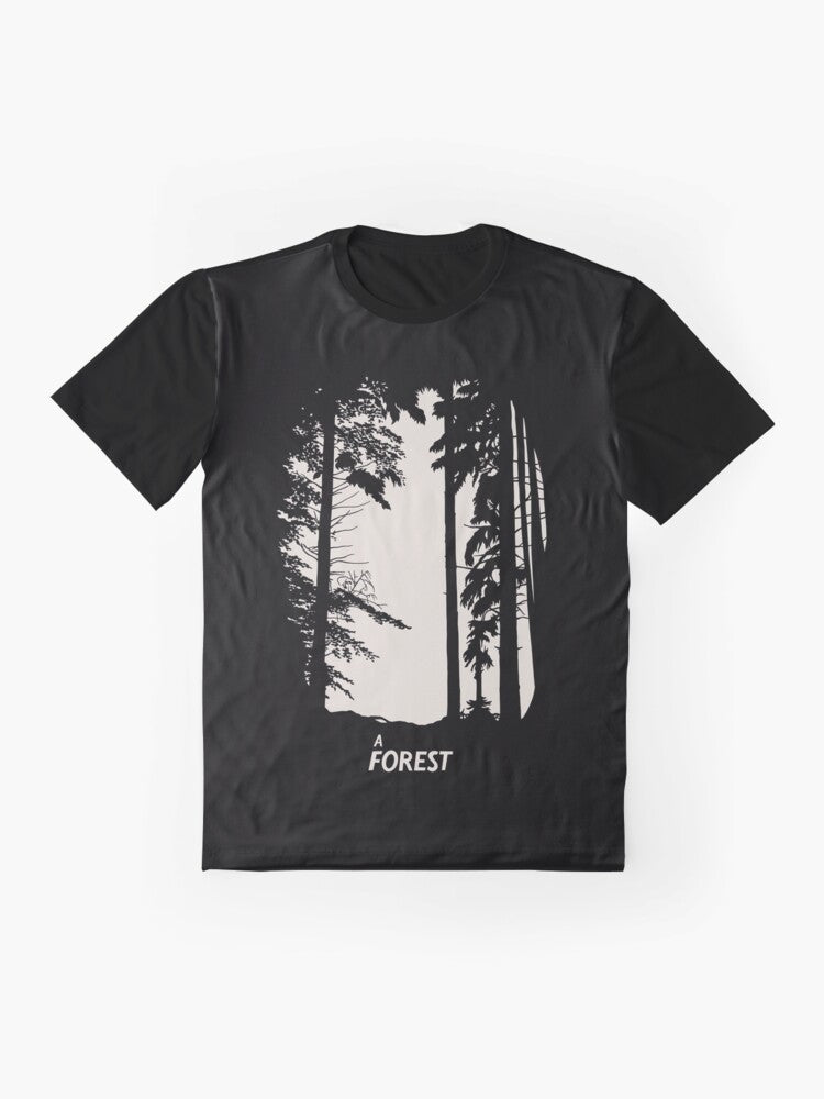 The Cure 'A Forest' Graphic T-Shirt - 80s New Wave Music Tee featuring the iconic band logo and album artwork - Flat lay