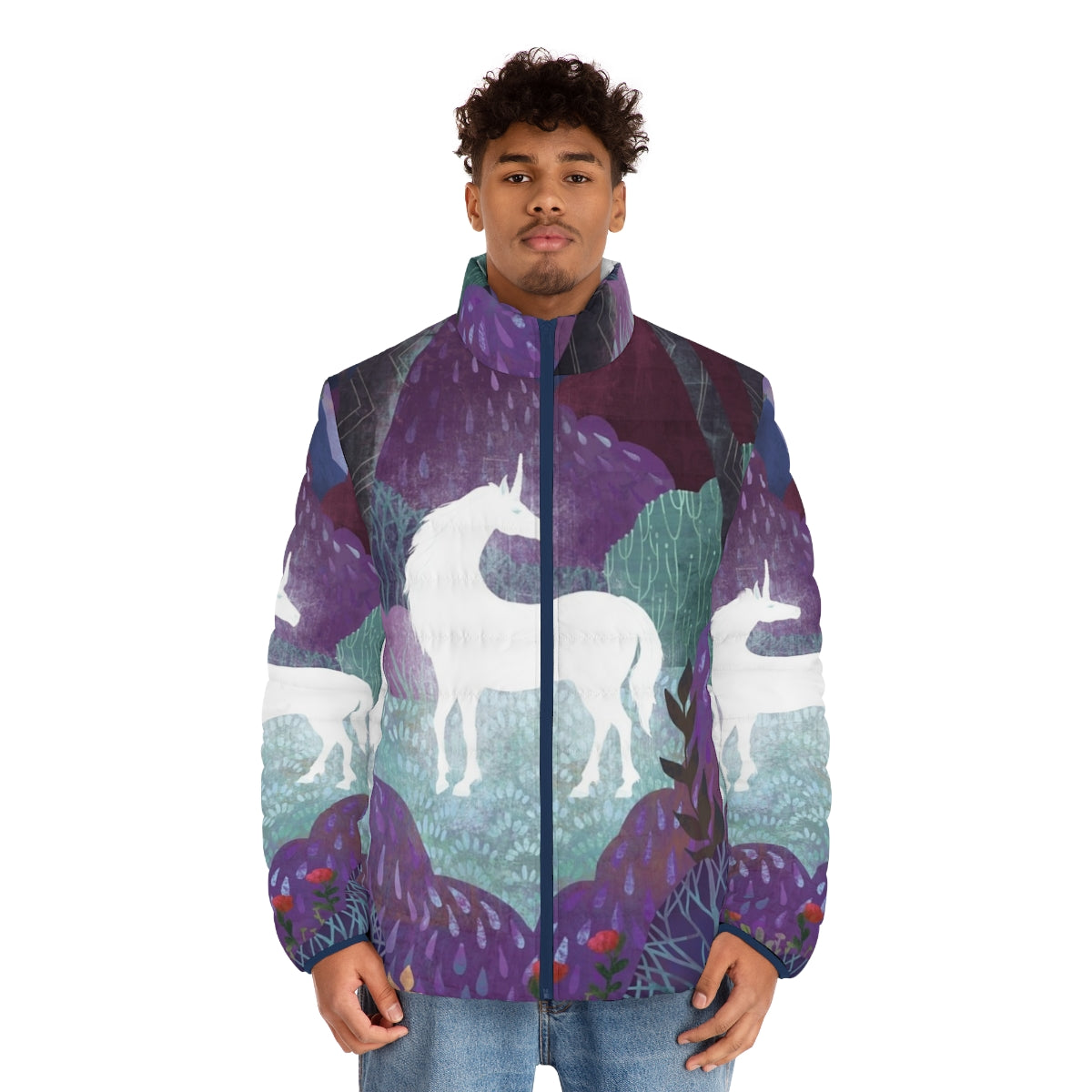 The Last Unicorn themed puffer jacket in a lavender and purple color palette - men front