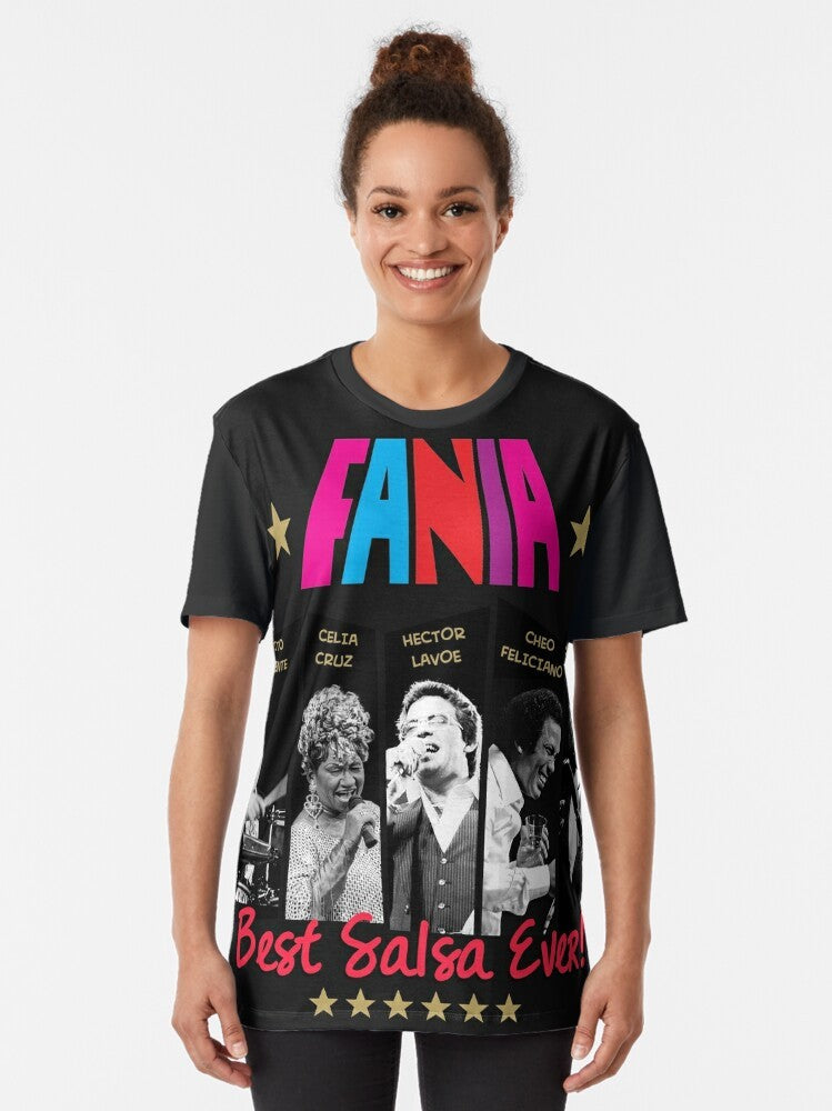 Fania graphic t-shirt featuring the best salsa singers like Celia Cruz, Hector Lavoe, and Tito Puente - Women