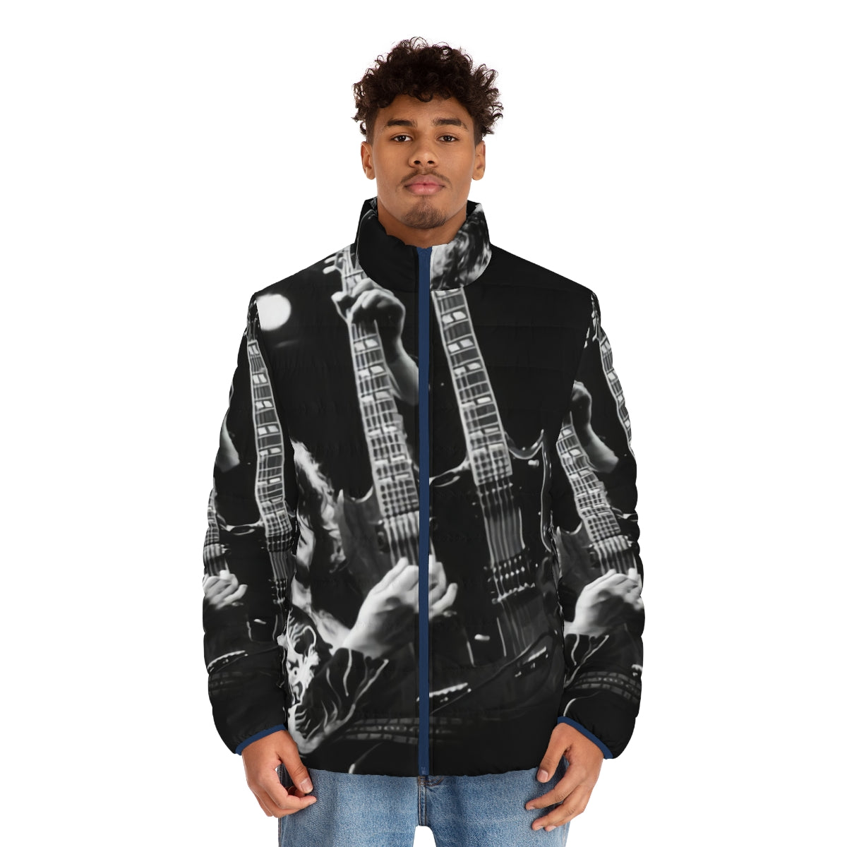 Vintage-inspired puffer jacket with image of Jimmy Guitaris playing guitar - men front